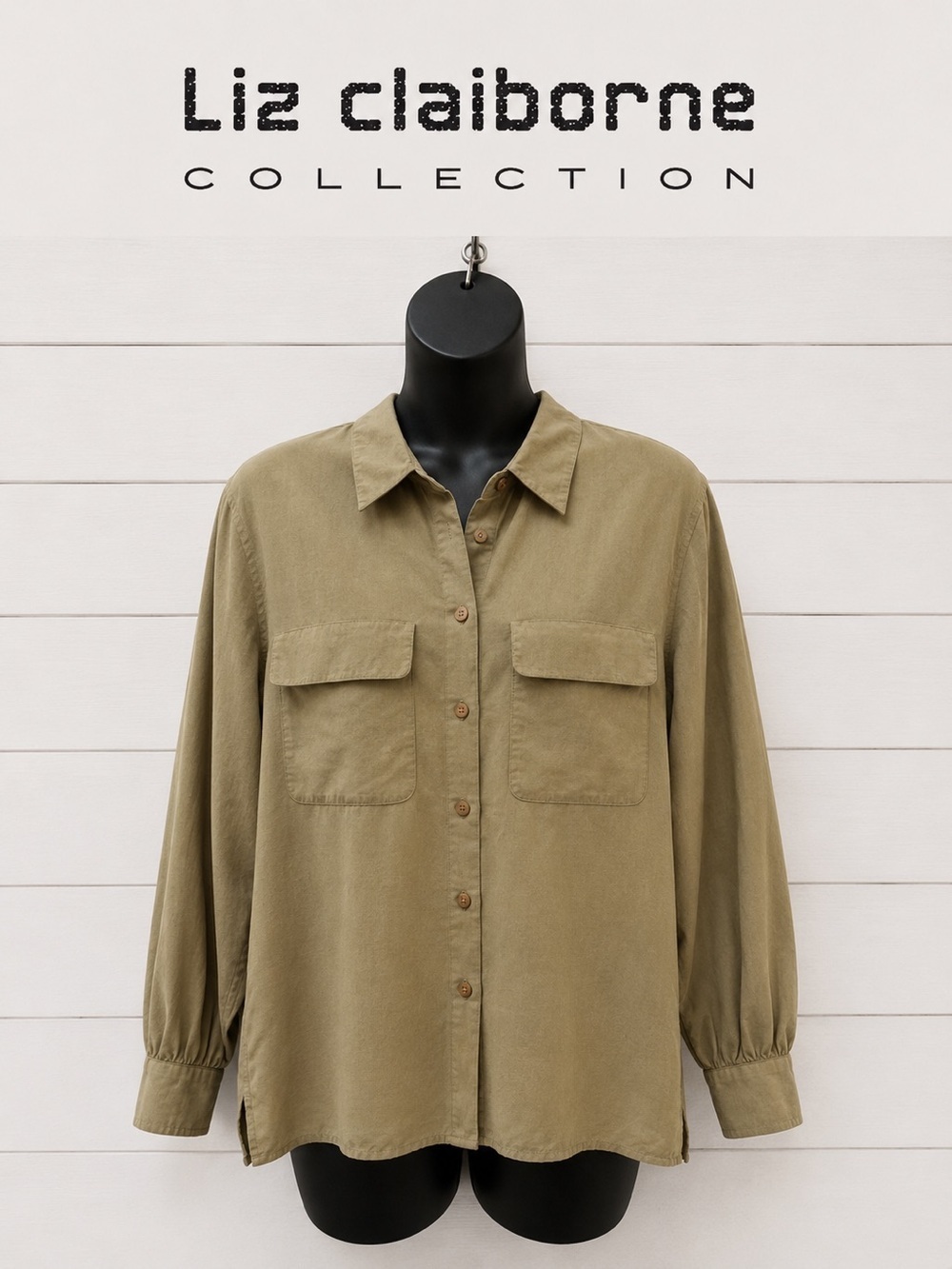LIZ CLAIBORNE COLLECTION Vintage – Beige Khaki Silk Shirt – Size M